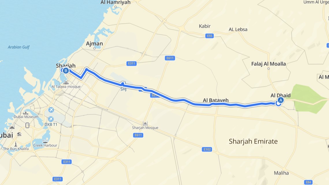 Al Dhaid To Sharjah Route Map