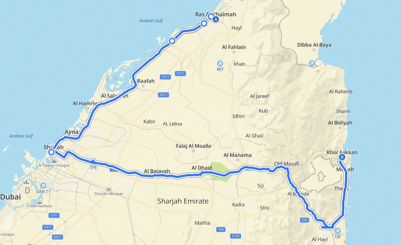 Ras Al Khaimah To Khor Fakkan Route Map