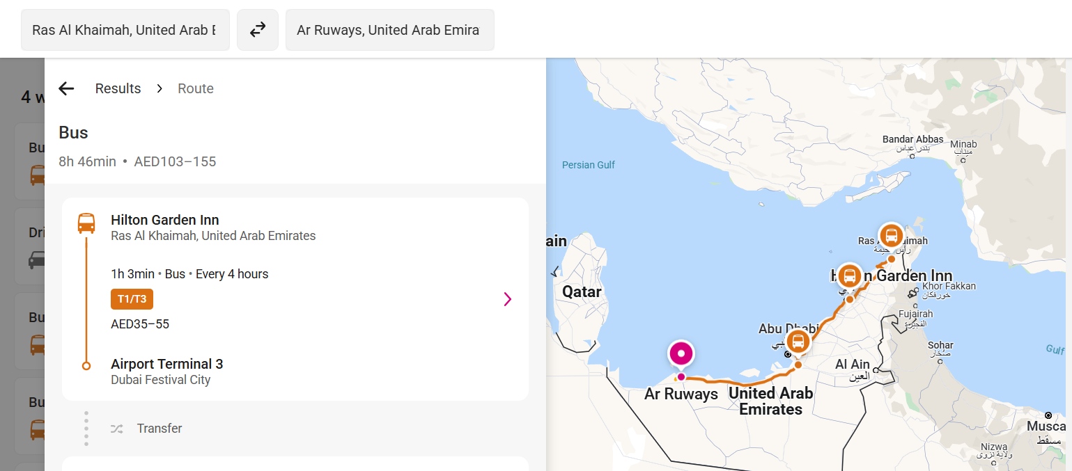 Ras Al Khaimah To Ruwais Route Option 1