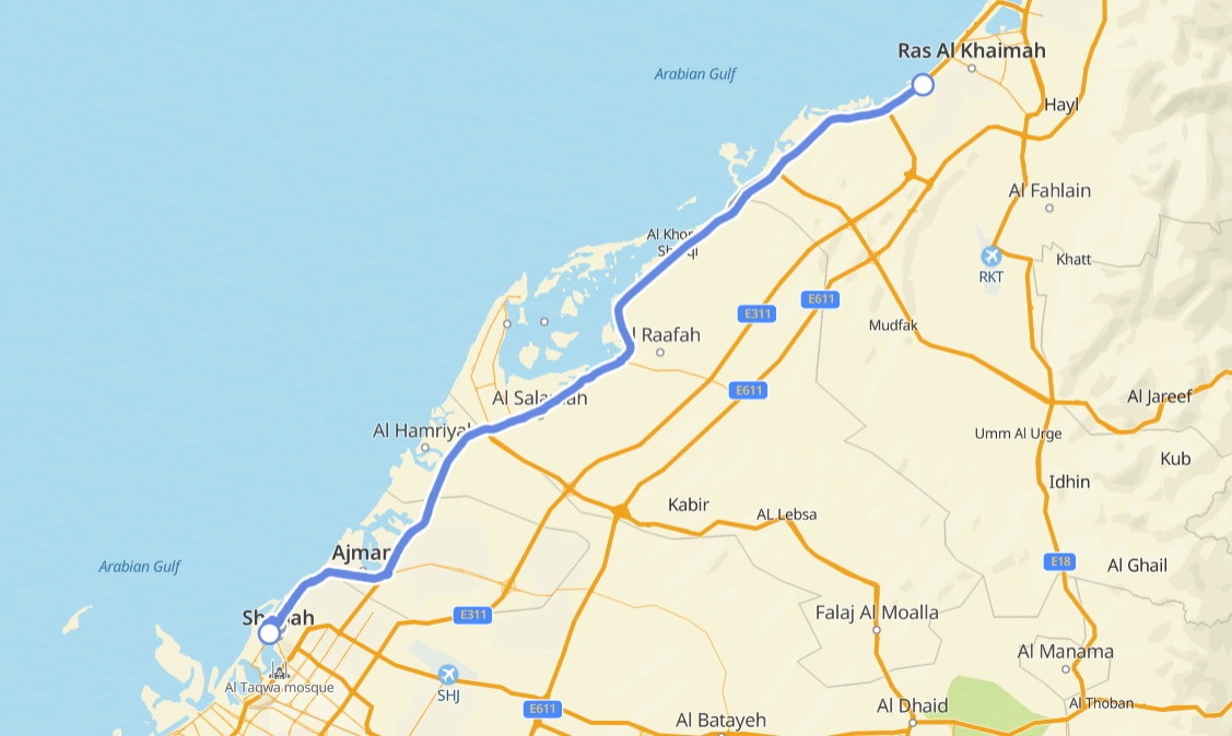 Ras Al Khaimah to sharjah Rout Map