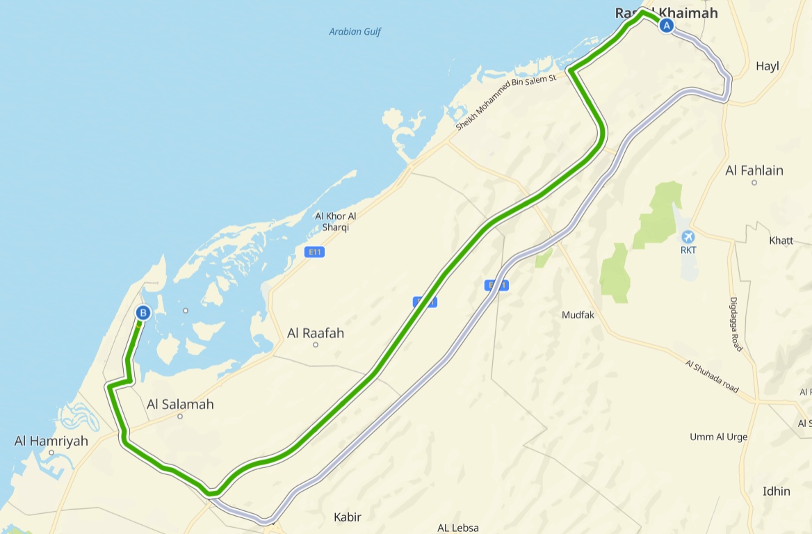 Ras Al Khaimah To Umm Al Quwain Route Map