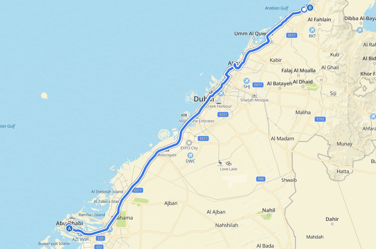 Abu Dhabi to Ras Al Khaimah Bus Timings 1 Abu Dhabi To Ras Al Khaimah Route Map