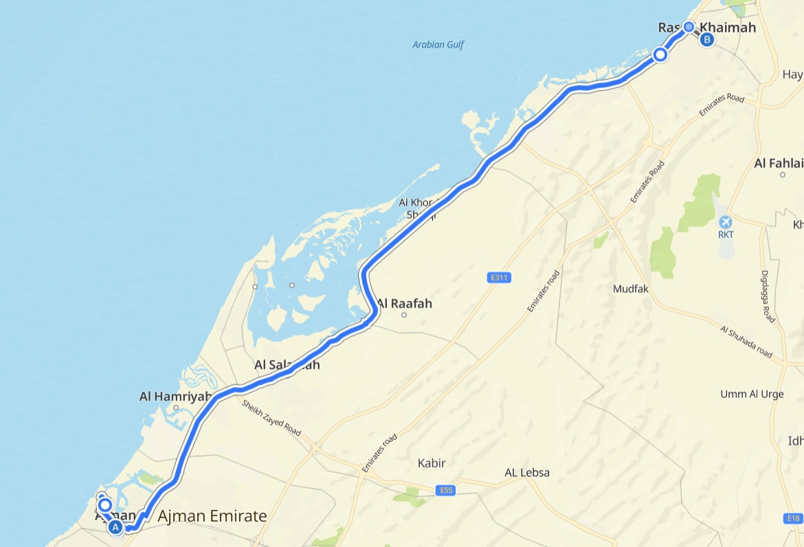 Ajman To Ras Al Khaimah Route Map