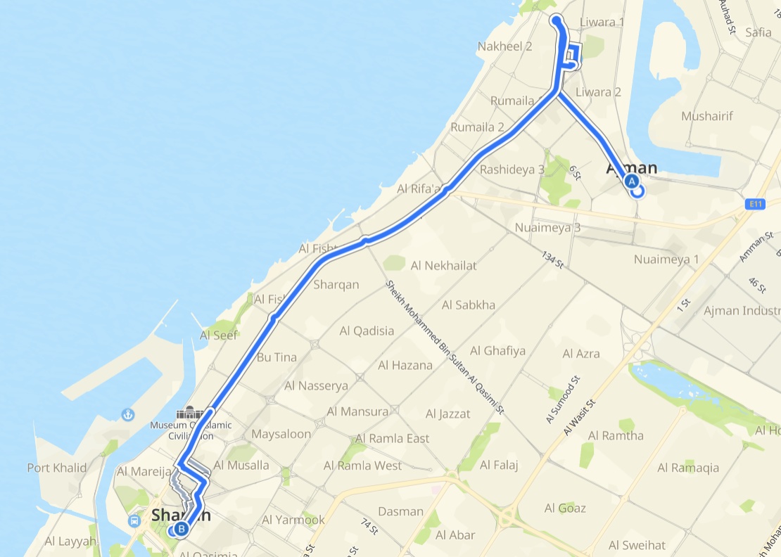 Ajman To Sharjah Route Map