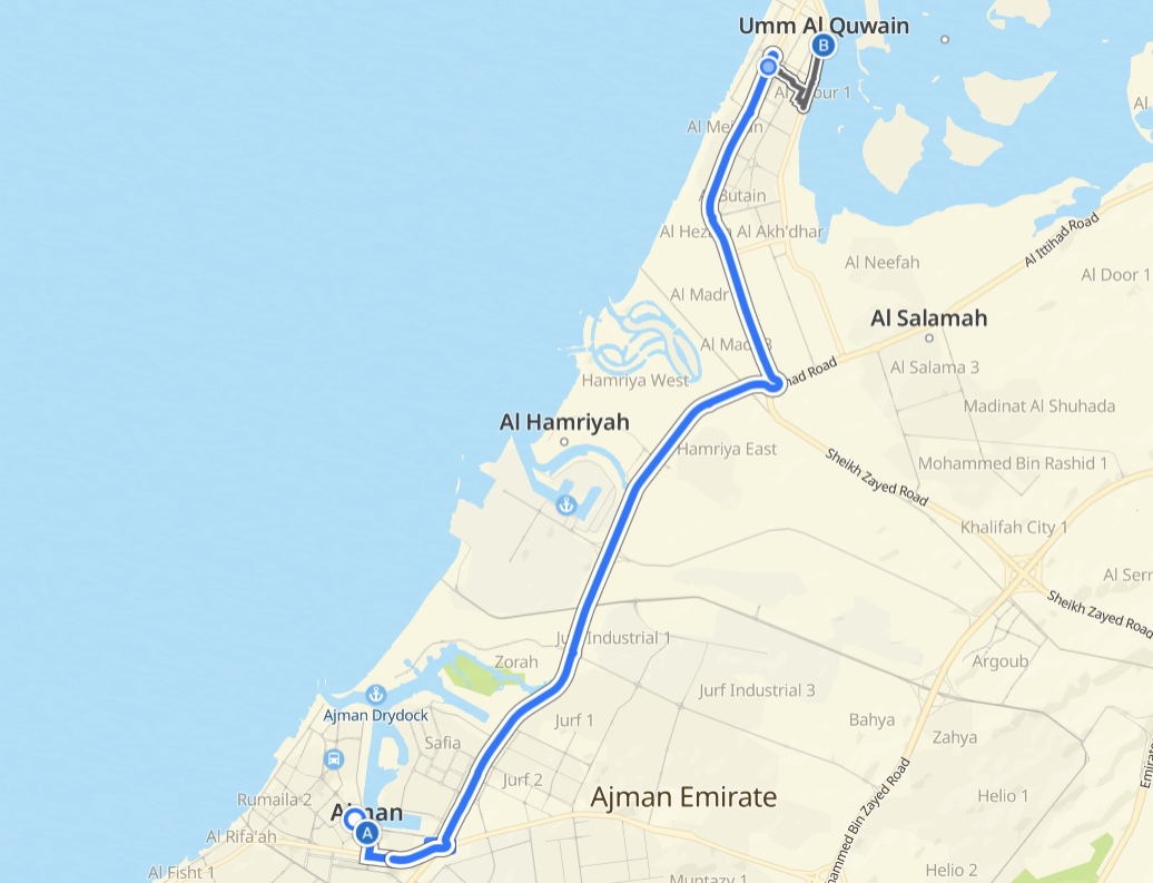 Ajman To Umm Al Quwain Route Map